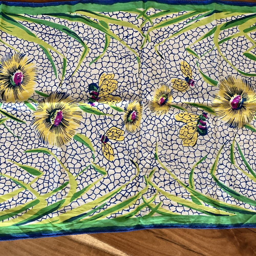 Vtg 1930's Silky Scarf Art Deco Floral Bee's Colorful Hand Rolled Blue MCM Rare - Picture 13 of 16
